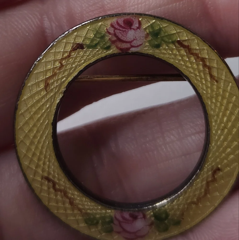 Vintage Guilloche Pink & Yellow FORGET ME NOT Rose Round Brooch
